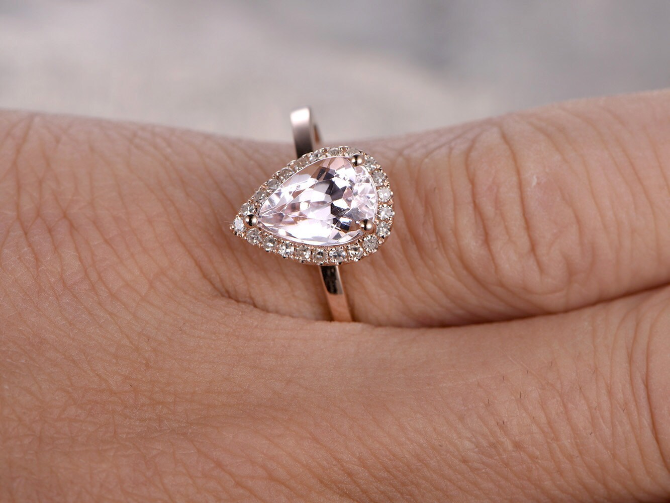 Bague en morganite rose, anneau simple en or rose, bague de mariage avec halo de diamants, bague de fiançailles en morganite taille poire 6x9mm, bague de mariage en morganite en forme de larme