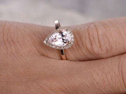 Bague en morganite rose, anneau simple en or rose, bague de mariage avec halo de diamants, bague de fiançailles en morganite taille poire 6x9mm, bague de mariage en morganite en forme de larme
