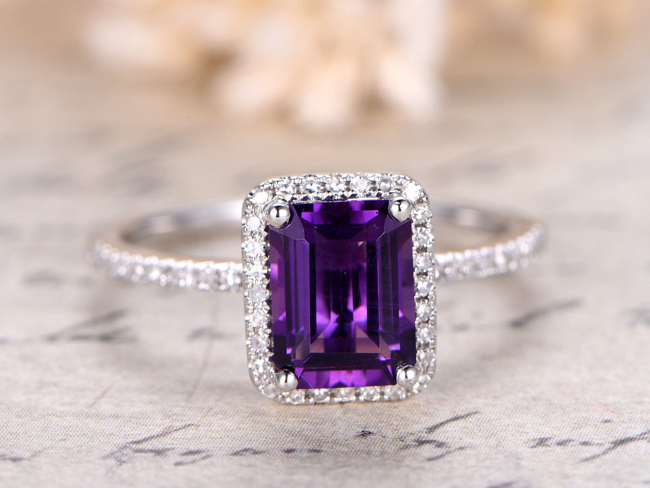 6x8-emerald-cut-amethyst-engagement-ring-14k-white-gold-diamond-band-half-eternity-vintage-halo-design
