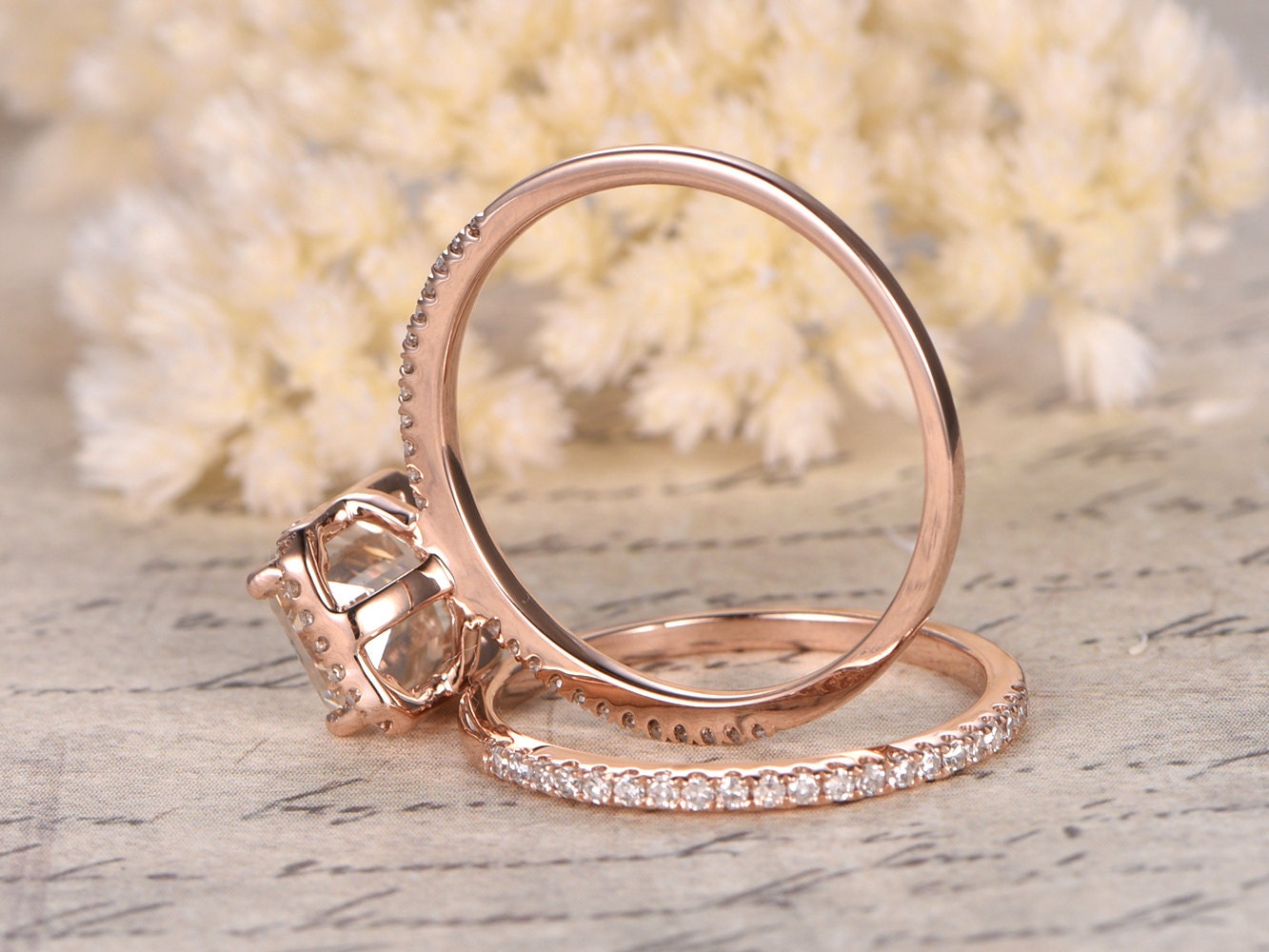 Bague de fiançailles en moissanite taille émeraude 6x8 mm, alliance en diamants, or rose 14 carats, design halo, ensemble de bagues de fiançailles demi-éternité