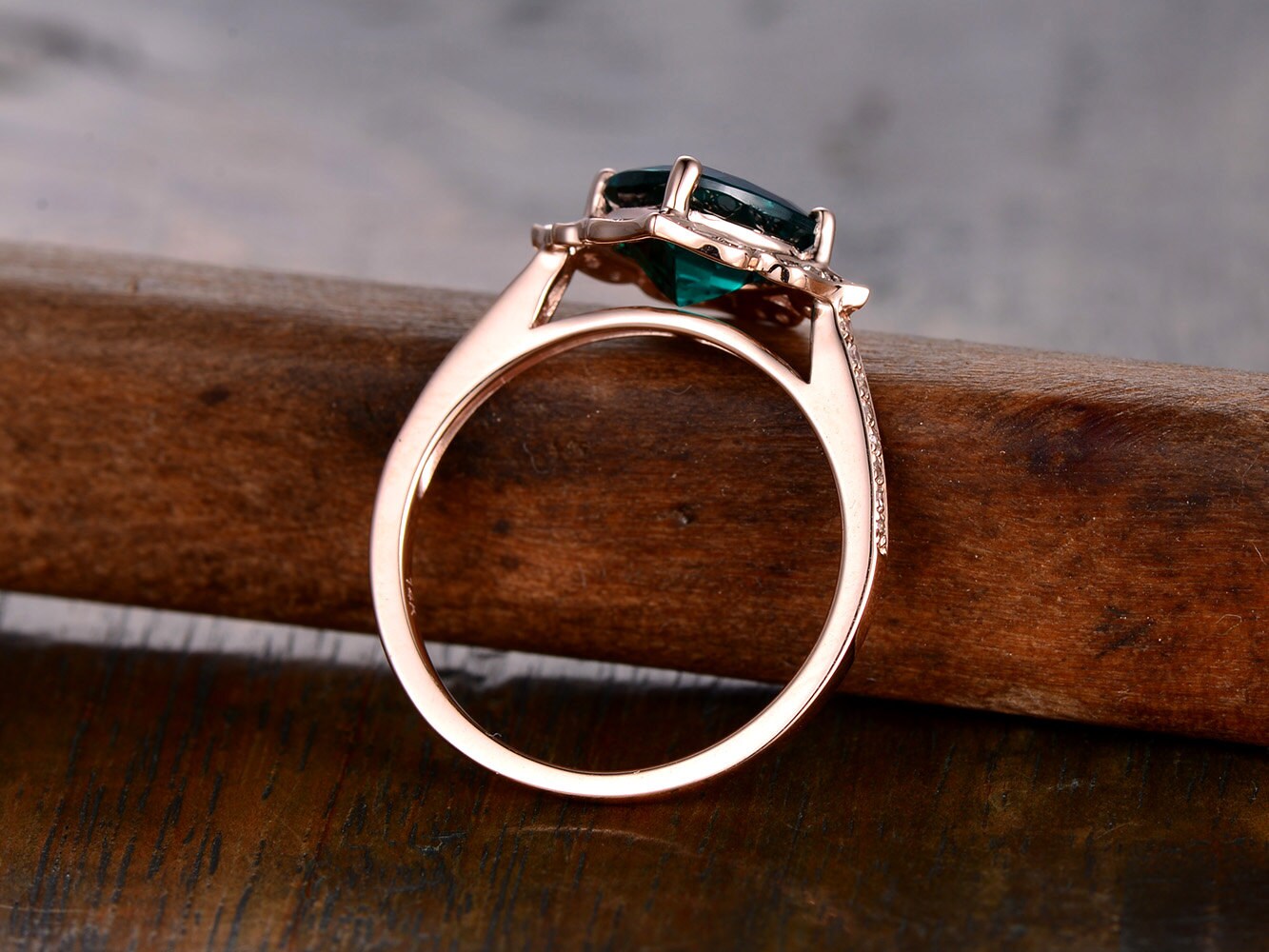 Bague de fiançailles émeraude, émeraude taille coussin 7 mm, alliance, pierre de naissance de mai, alliance pavée de diamants, or rose 14 carats