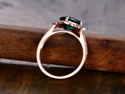 Bague de fiançailles émeraude, émeraude taille coussin 7 mm, alliance, pierre de naissance de mai, alliance pavée de diamants, or rose 14 carats