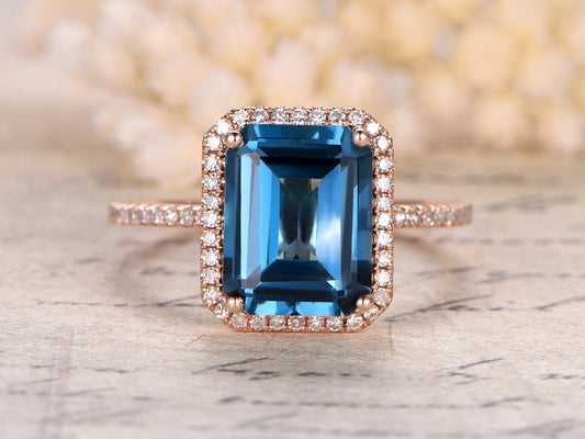 8x10mm Emerald Cut London Blue Topaz Engagement Ring 14K Rose Gold Diamond Halo