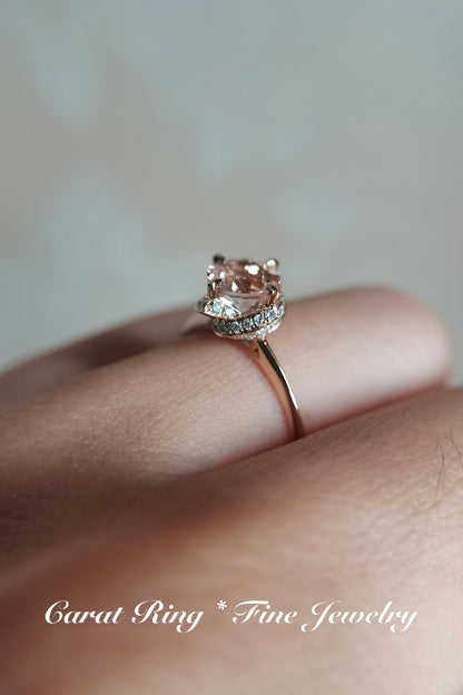Bague de fiançailles unique en morganite, style vintage antique, sertie de diamants halo, anneau simple en or rose 14 carats, diamants ronds de 6,5 mm