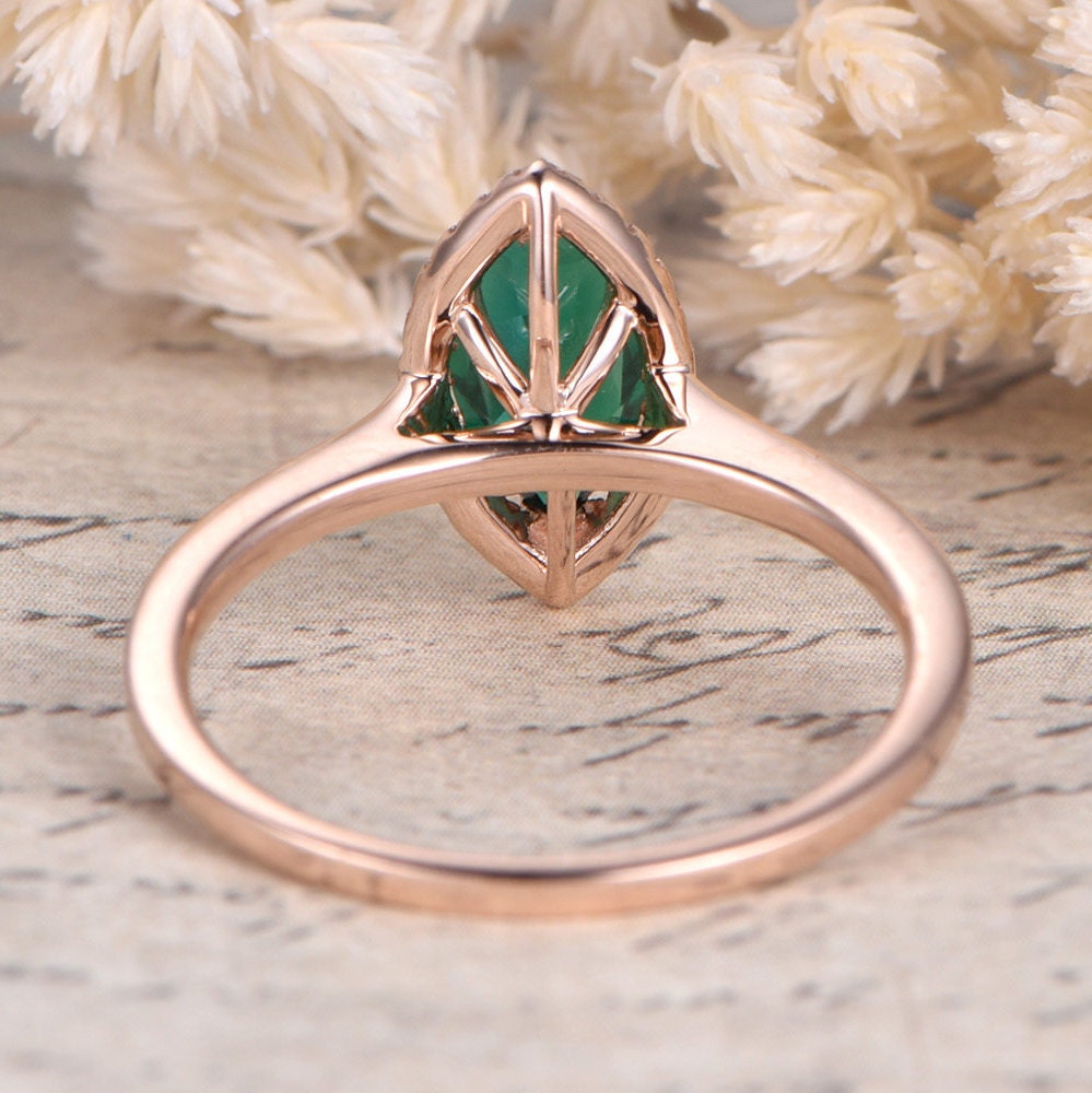 Bague de fiançailles en or rose massif 14 carats, anneau simple, bague de promesse pour femme, bague de mariage avec diamant, bague émeraude 5x10 mm, bague de fiançailles marquise