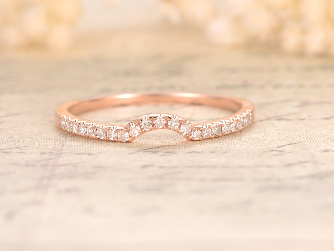 Alliance incurvée, Demi-alliance, Alliance d'anniversaire, Alliance en diamants, Art déco, Or rose 14 carats, Alliance assortie incurvée en diamants, Bague incurvée