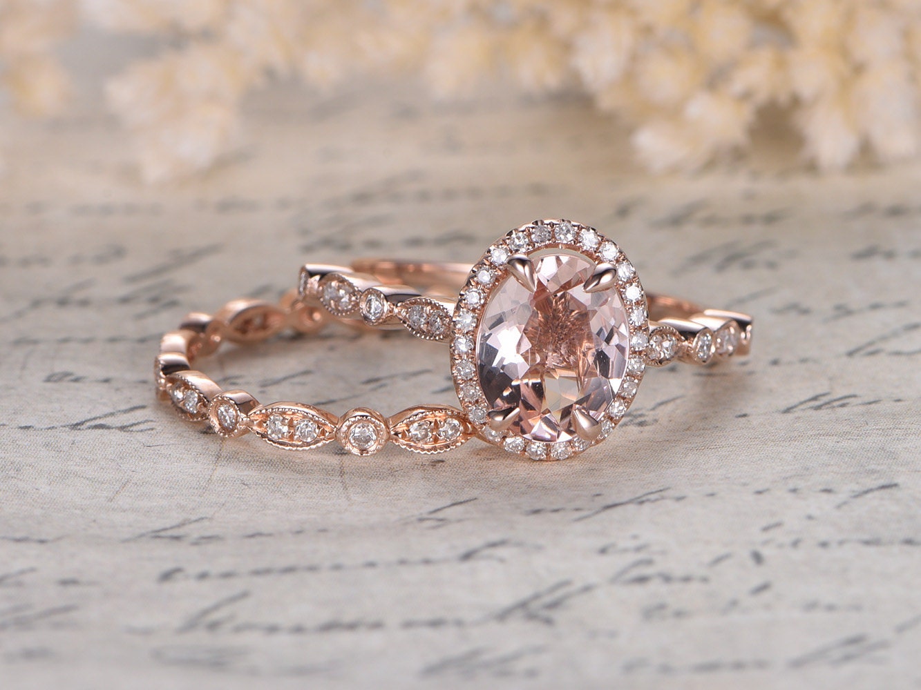 7x9mm Oval Cut Morganite Engagement Ring Set 2pcs 14K Rose Gold Diamond Halo | Full Eternity Art Deco Matching Band