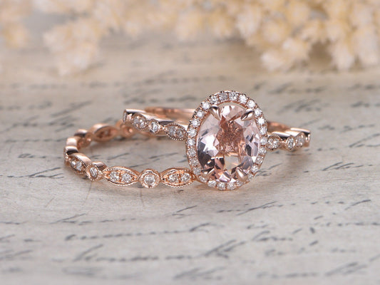7x9mm Oval Cut Morganite Engagement Ring Set 2pcs 14K Rose Gold Diamond Halo | Full Eternity Art Deco Matching Band