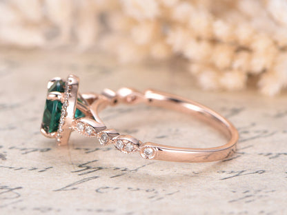 Bague de fiançailles émeraude en or rose 14 carats, bague émeraude, bague pierre de naissance de mai, bague halo diamant émeraude, anneau marquise, bague émeraude 7 mm, anneau diamant