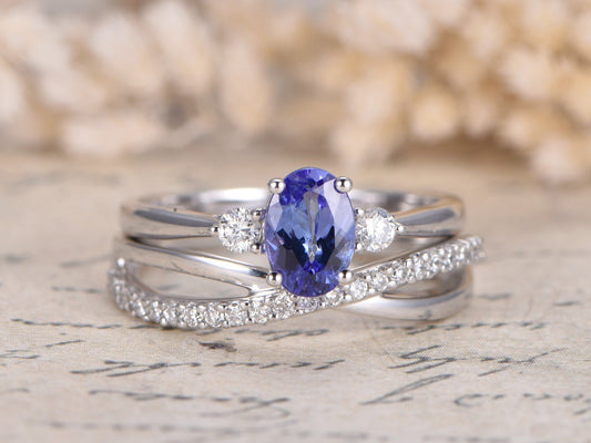 5x7mm Oval Cut Tanzanite Engagement Ring Set 2pcs 14K White Gold | Diamond Twist Matching Band