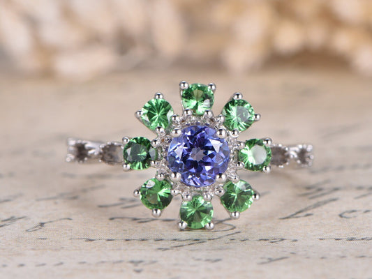 5mm Round Cut Tanzanite Engagement Ring 14K White Gold Tsavorite Halo Design