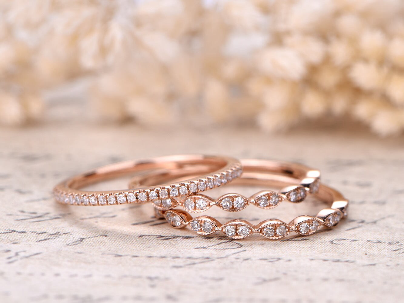 Alliance en diamant, demi-alliance sertie clos, bague de fiançailles, ensemble de 3 bagues de mariage, style Art déco, or rose 14 carats, bague marquise, finition milgrain