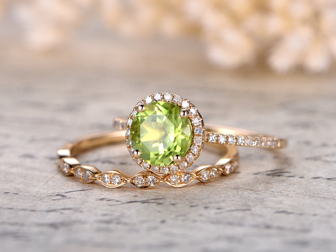 7mm Round Cut Peridot Engagement Ring Set 2pcs Diamond Halo | Diamond Art Deco Matching Band