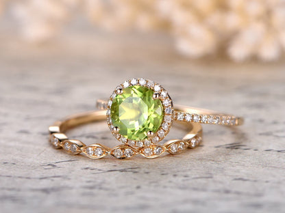 7mm Round Cut Peridot Engagement Ring Set 2pcs Diamond Halo | Diamond Art Deco Matching Band