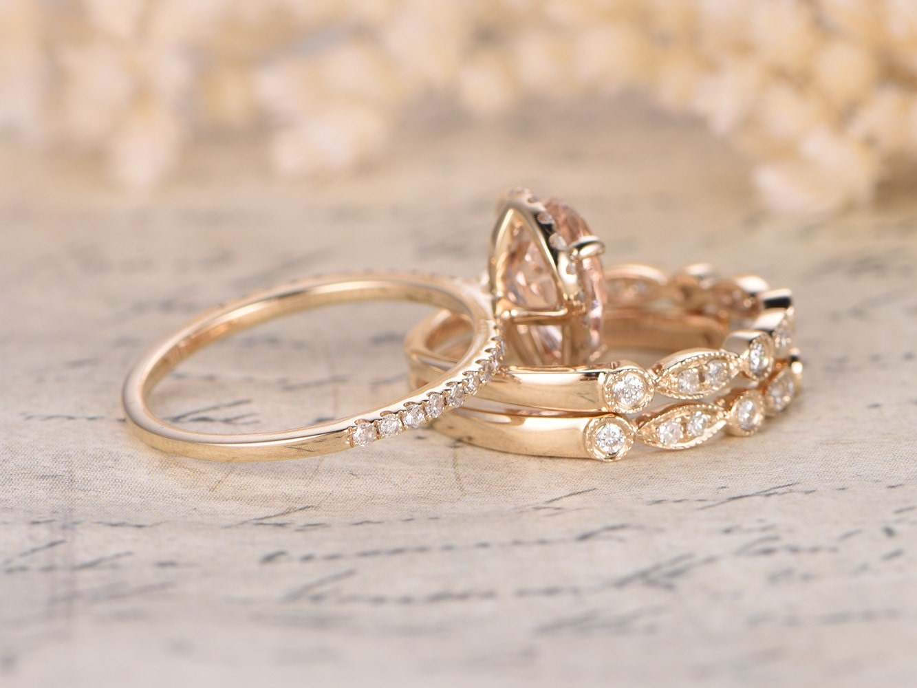 6x8mm Pear Cut Morganite Engagement Ring Set 3pcs 14K Yellow Gold Diamond Halo | Two Art Deco Matching Band