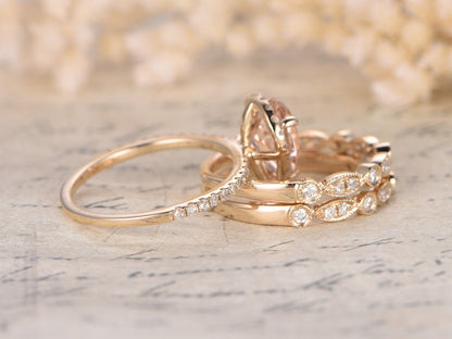 6x8mm Pear Cut Morganite Engagement Ring Set 3pcs 14K Yellow Gold Diamond Halo | Two Art Deco Matching Band