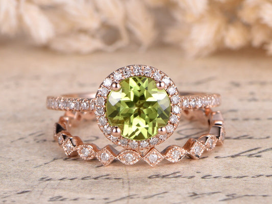 7mm Round Cut Peridot Engagement Ring Set 2pcs 14K Yellow Gold Diamond Halo | Full Eternity Art Deco Matching Band
