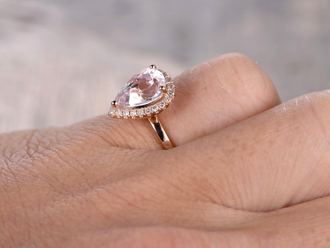 Bague en morganite rose, anneau simple en or rose, bague de mariage avec halo de diamants, bague de fiançailles en morganite taille poire 6x9mm, bague de mariage en morganite en forme de larme