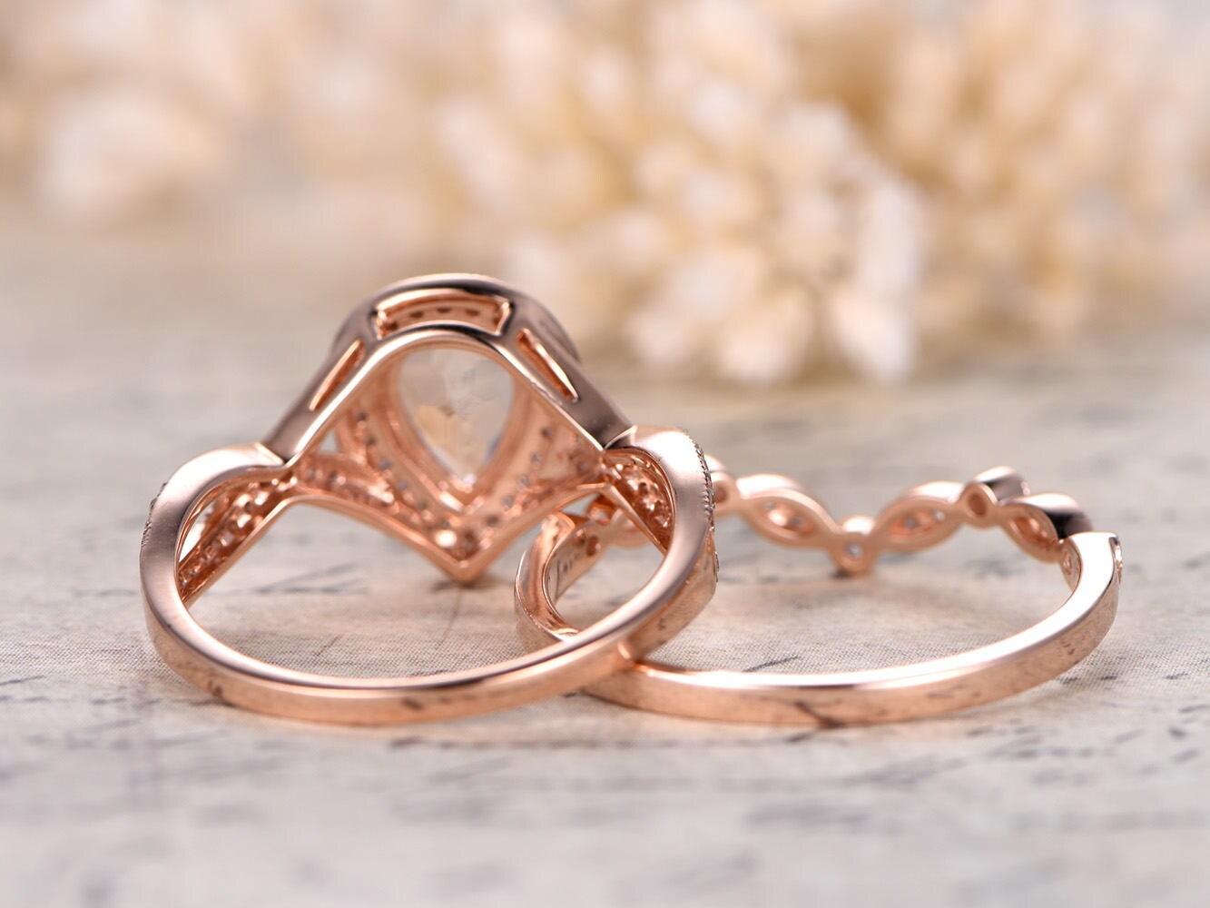 6x8mm Pear Cut Morganite Engagement Ring Set 2pcs 14K Rose Gold Split Shank Diamond Halo | Curved Art Deco Band