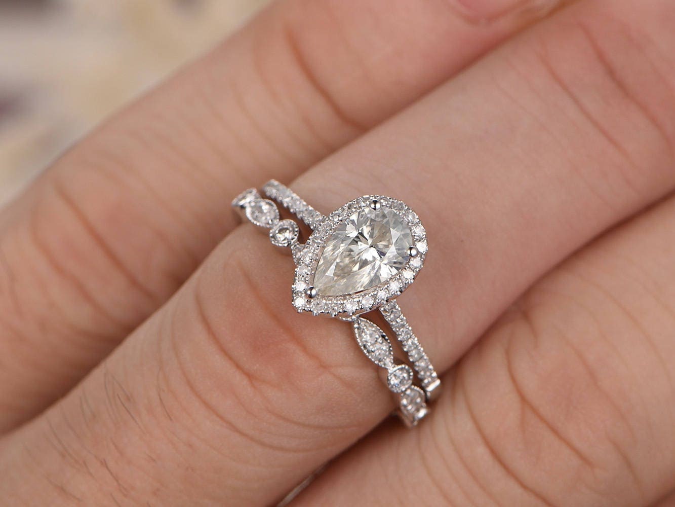 5x7mm-pear-cut-moissanite-engagement-ring-set-2pcs-14k-white-gold-diamond-halo-art-deco-band