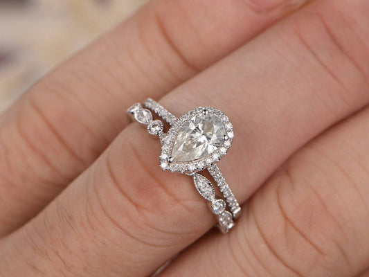 5x7mm-pear-cut-moissanite-engagement-ring-set-2pcs-14k-white-gold-diamond-halo-art-deco-band