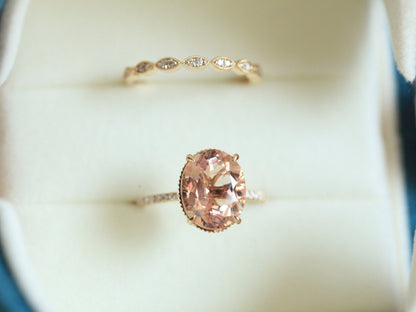 9x11mm Oval Cut Morganite Engagement Ring Set 2pcs 14K Rose Gold Diamond Half Eternity Solitaire | Thin Matching Band