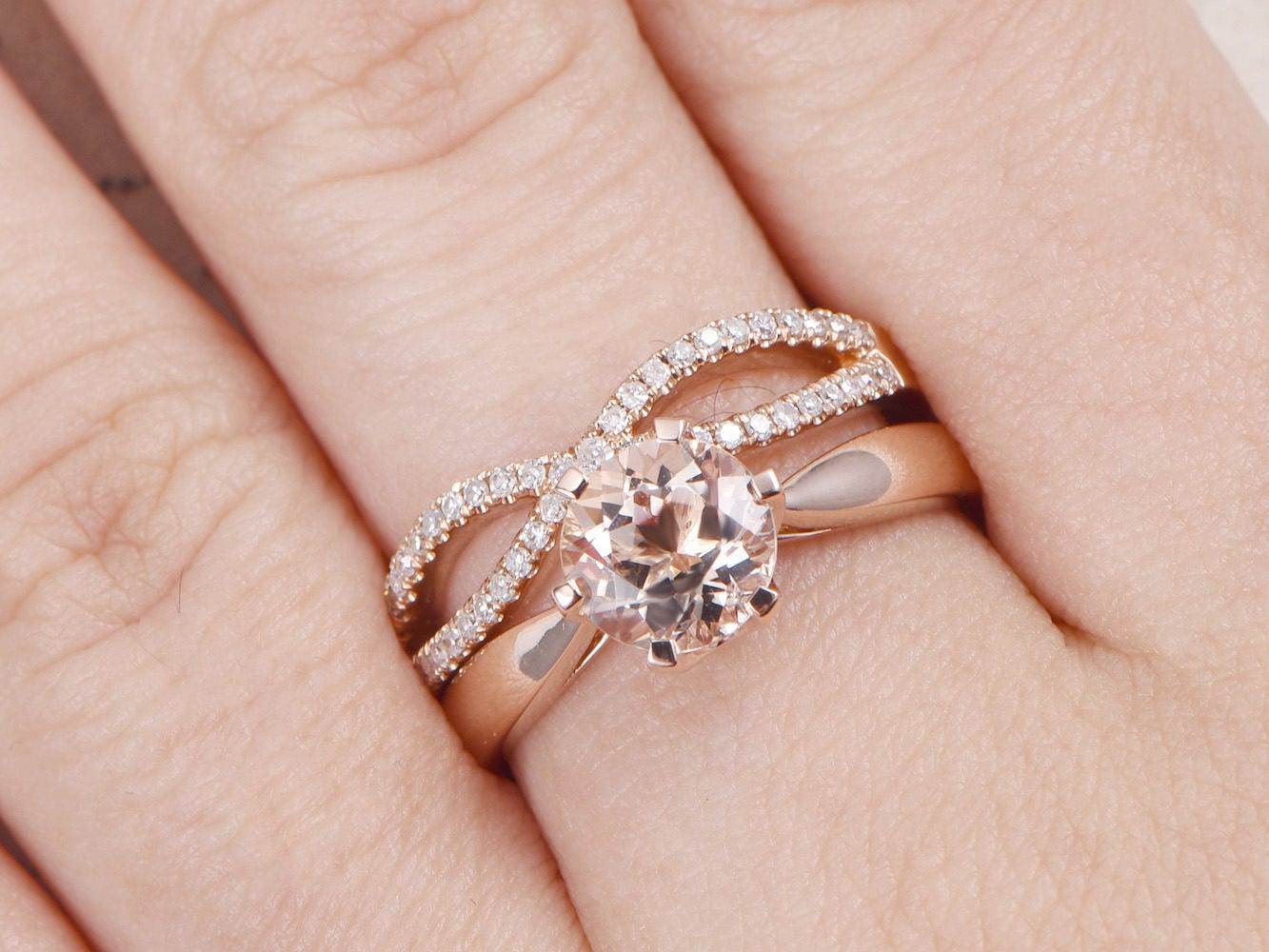 Bague de fiançailles en morganite rose, bague solitaire en morganite rose et or rose, alliance sertie de diamants, anneau fendu, bague à 6 griffes, anneau simple
