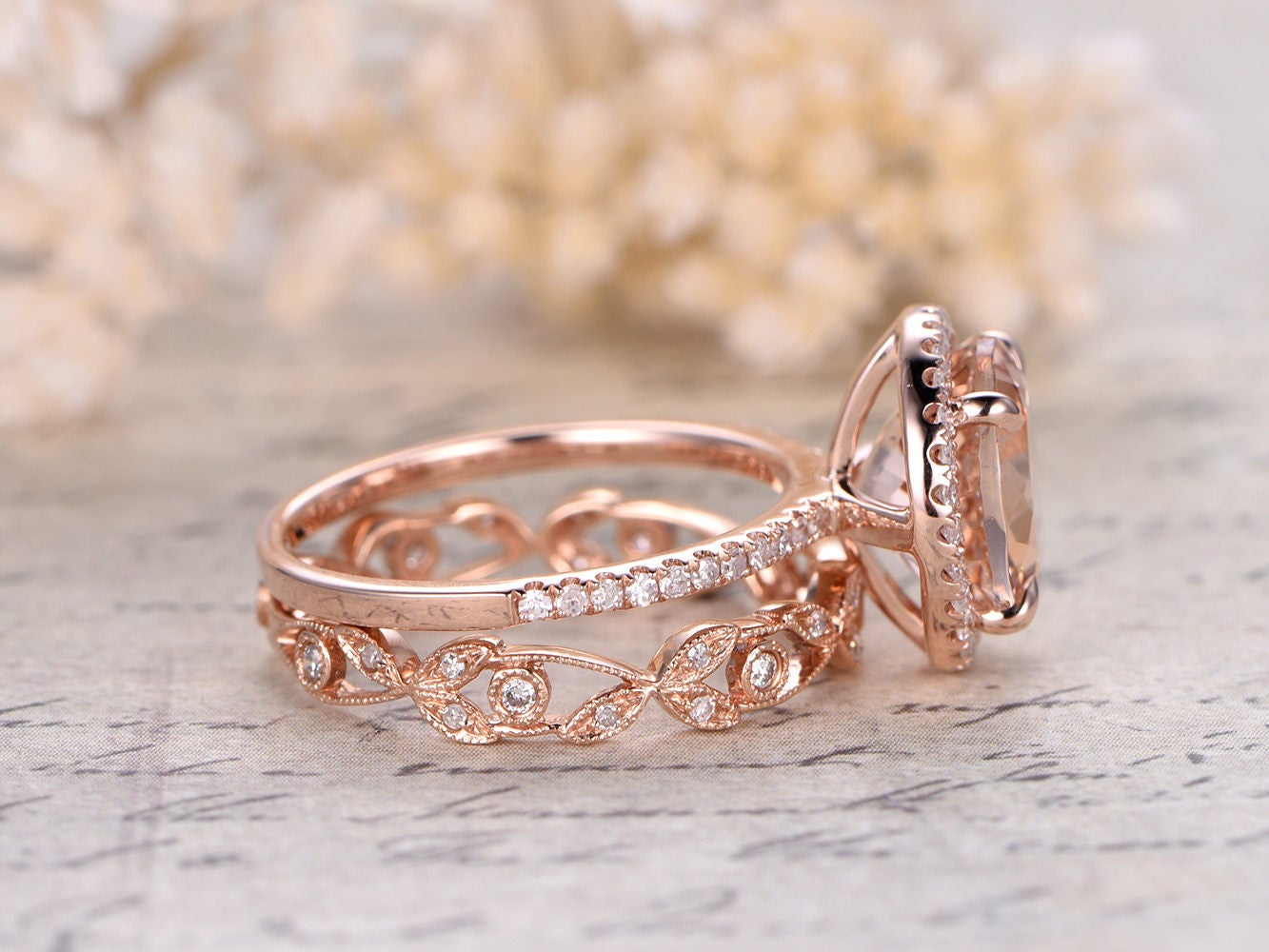 Ensemble de bagues en morganite ronde de 8 mm, bague de fiançailles en or rose 14 carats avec morganite et diamants, alliance sertie de diamants, bague sertie de diamants sur toute la longueur, bague ornée de diamants à motif floral