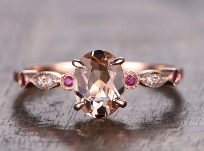 6x8mm Oval Cut Morganite Engagement Ring 14K Rose Gold Ruby & Diamond Side Stone Art Deco Design
