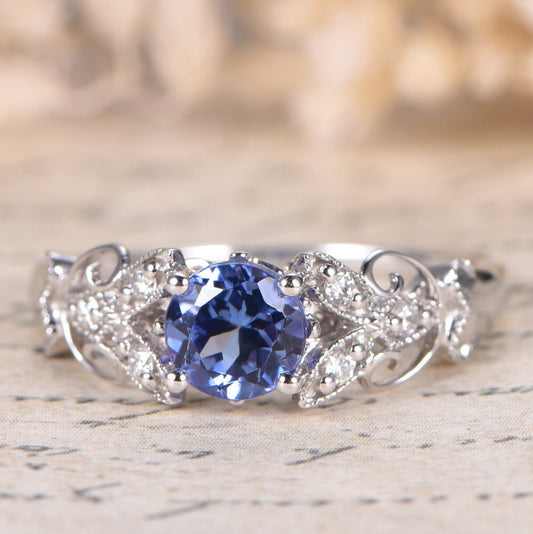 5mm Round Cut Natural Tanzanite Engagement Ring 14K White Gold Diamond Floral Design