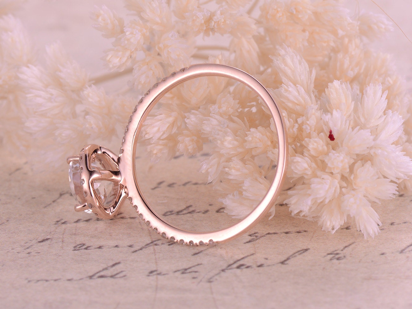 7x9mm Oval Cut White Topaz Engagement Ring 14K Rose Gold Diamond Halo Half Eternity