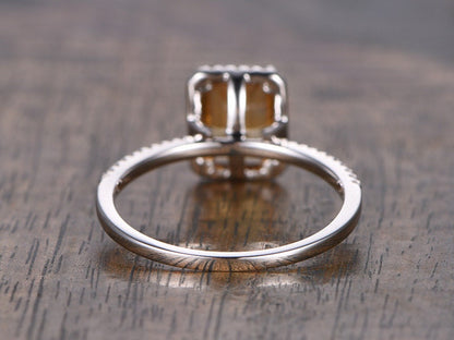 6x8mm Emerald Cut Citrine Engagement Ring 14K White gold Diamond Halo Half Eternity