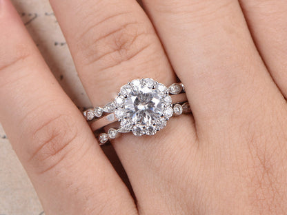 7mm-round-cut-moissanite-engagement-ring-set-3pcs-14k-white-gold-floral-halo-two-art-deco-band