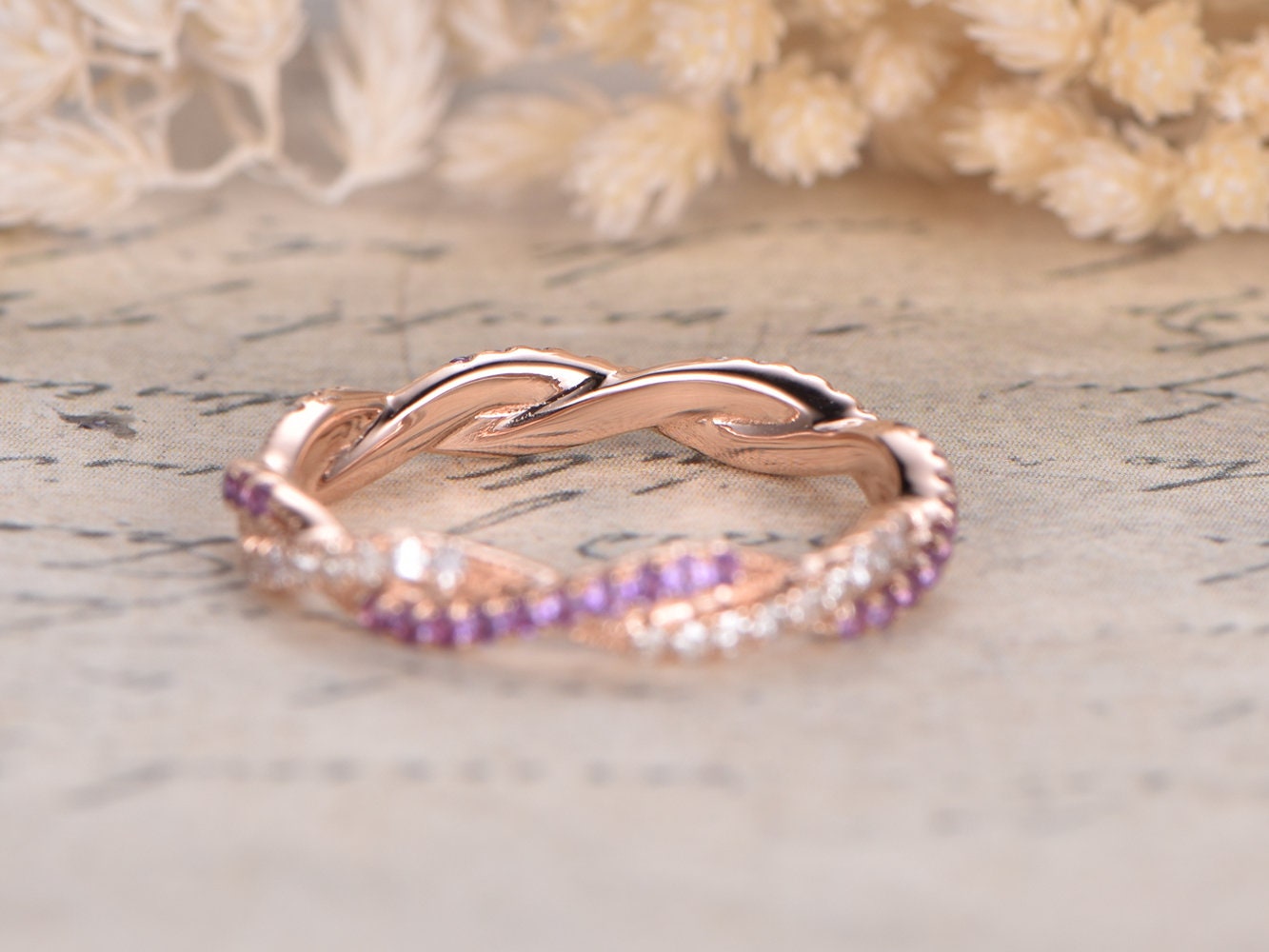 Diamond & Amethyst Wedding Band Full Eternity 14K Rose Gold Twist Design