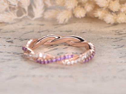 Diamond & Amethyst Wedding Band Full Eternity 14K Rose Gold Twist Design