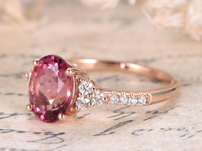 7x9mm Oval Tourmaline Engagement Ring 14K Rose Gold Diamond Floral Design