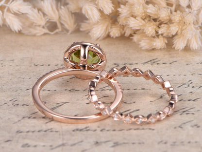 7mm Round Cut Peridot Engagement Ring Set 2pcs 14K Yellow Gold Diamond Halo | Full Eternity Art Deco Matching Band