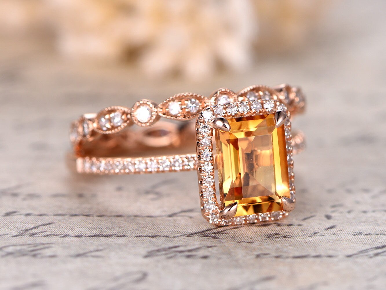 6x8mm Emerald Cut Citrine Engagement Ring Set 2pcs 14K Rose Gold Diamond Halo Art Deco | Thin Matching Band