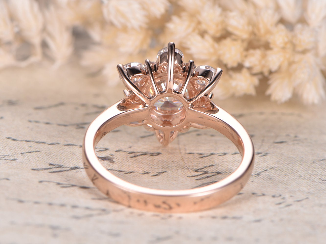 6.5mm-round-cut-moissanite-engagement-ring-14k-rose-gold-art-deco-ring-moissanite-halo-plain-band