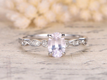 5x7mm Oval Cut White Sapphire Engagement Ring 14K White Gold Diamond Art Deco Band