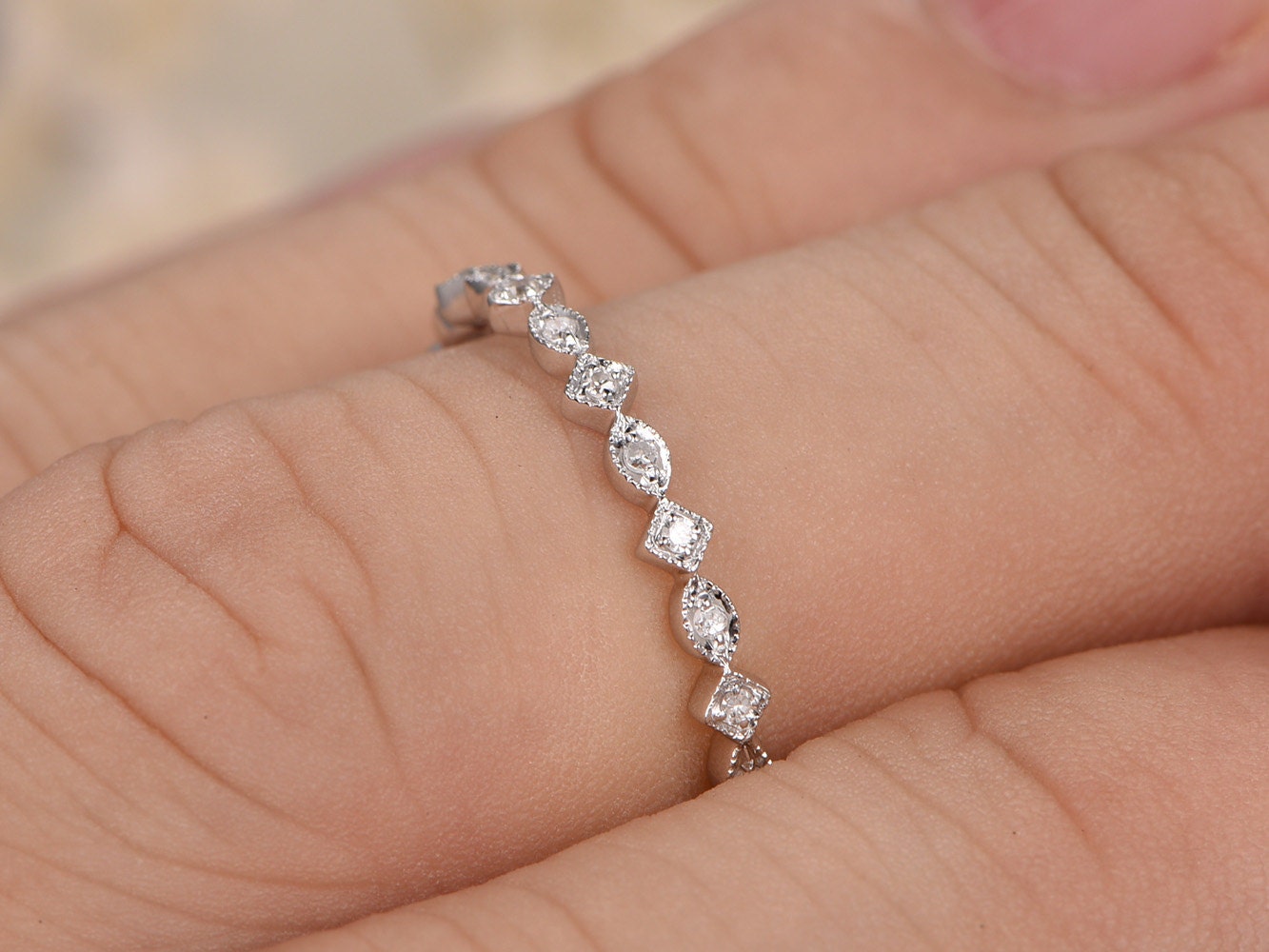 Diamond Wedding Band 14K White Gold Art Deco Full Eternity Design