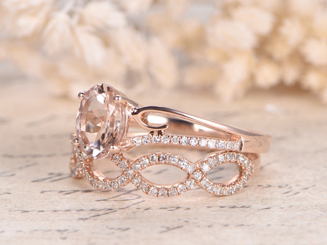 6x8mm-oval-cut-morganite-engagement-ring-set-2pcs-14k-rose-gold-solitaire-diamond-band-infinity-diamond-band