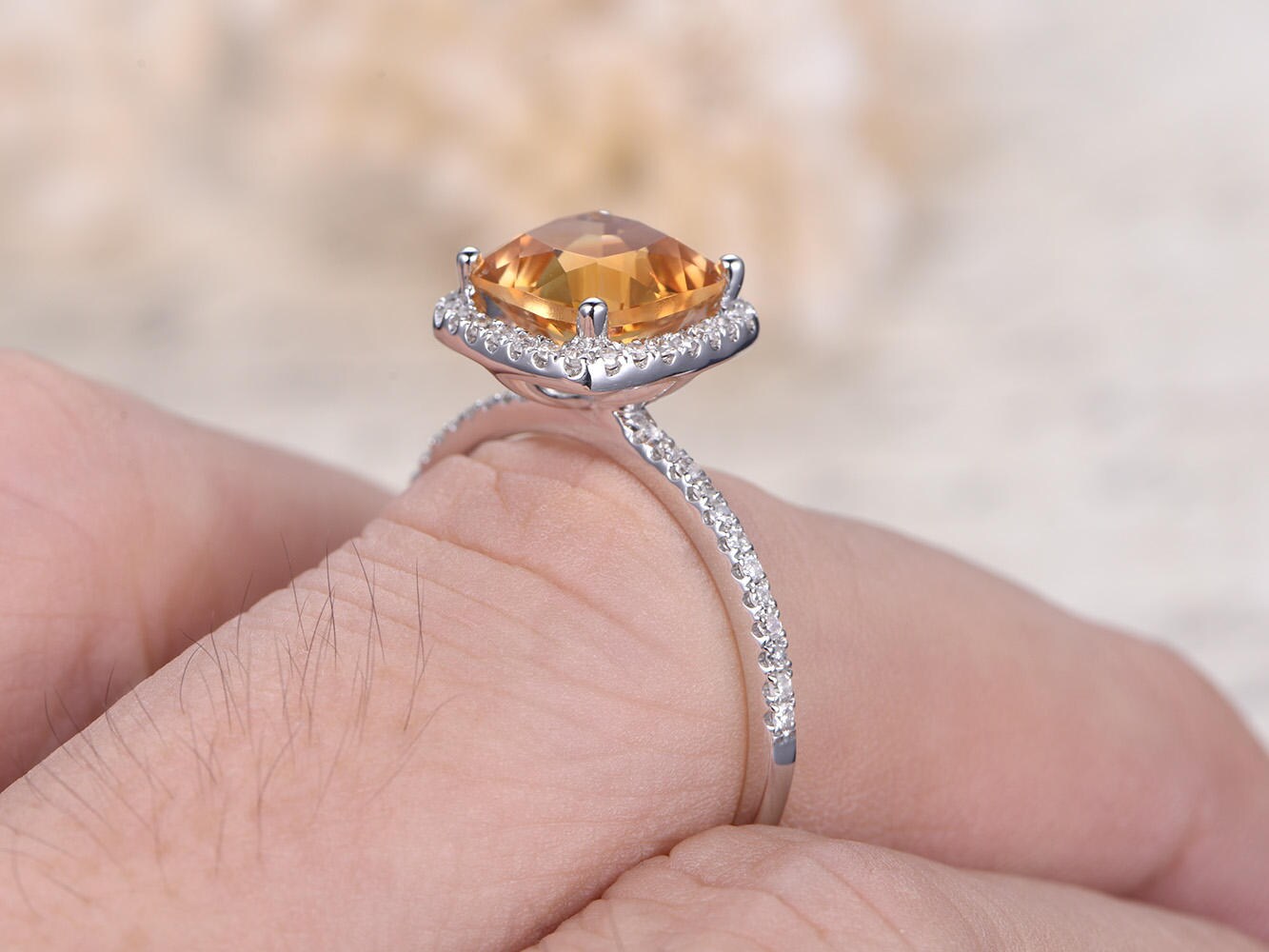 8mm Cushion Cut Citrine Engagement Ring 14K White Gold Diamond Halo Design Half Eternity