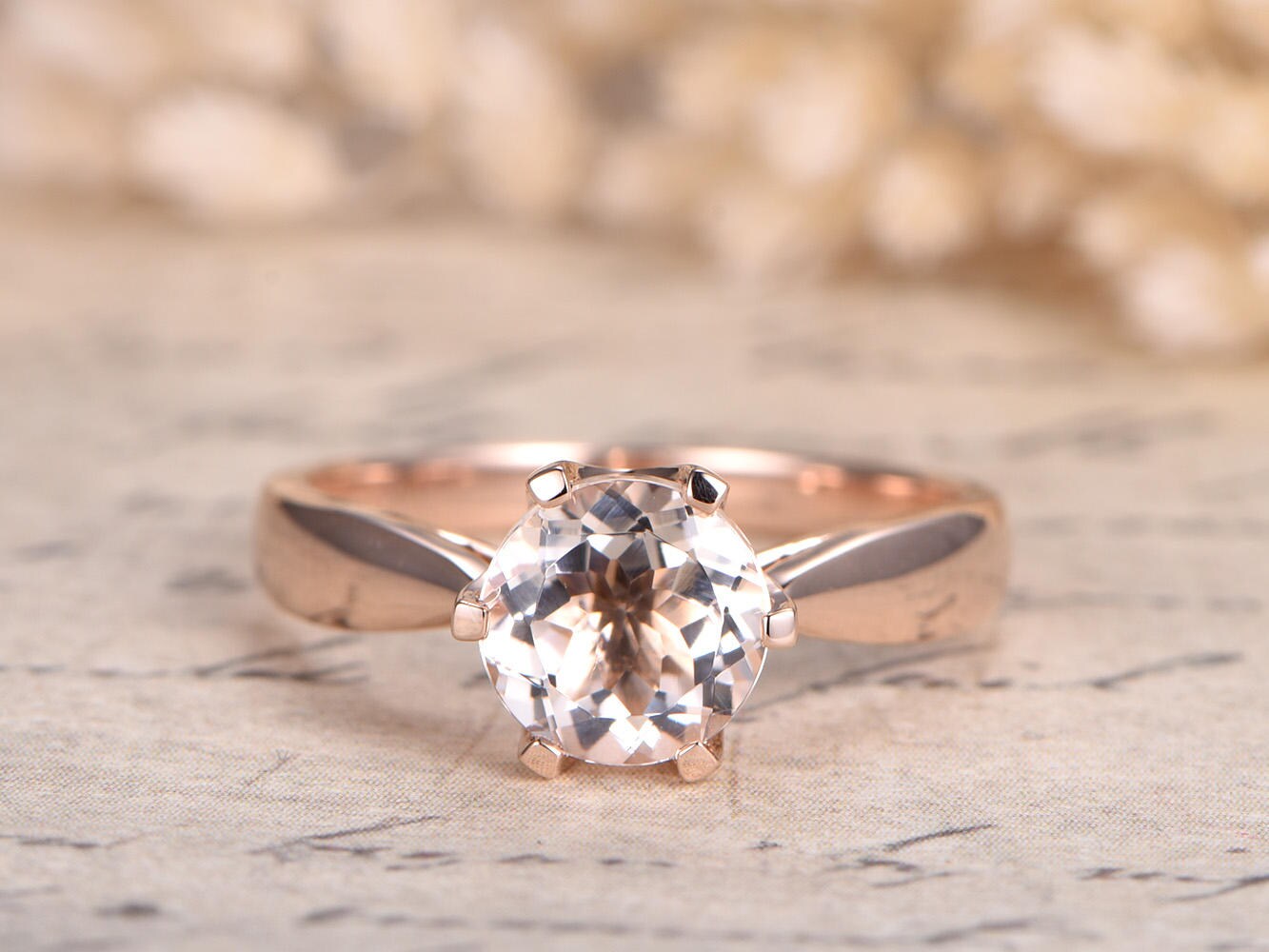 Bague en morganite ronde, or rose, bague de fiançailles en morganite, bague solitaire en morganite, alliance en morganite, or rose massif 14 carats, 6 griffes
