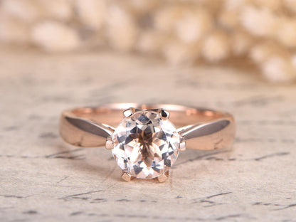 Bague en morganite ronde, or rose, bague de fiançailles en morganite, bague solitaire en morganite, alliance en morganite, or rose massif 14 carats, 6 griffes