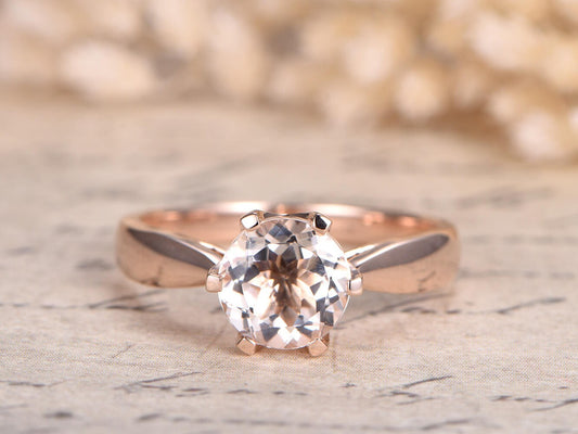 Bague en morganite ronde, or rose, bague de fiançailles en morganite, bague solitaire en morganite, alliance en morganite, or rose massif 14 carats, 6 griffes