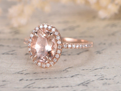 Bague de fiançailles halo en morganite ovale 6*8 mm, alliance en or rose 14 carats sertie de diamants pavés, griffes, bague pour femme