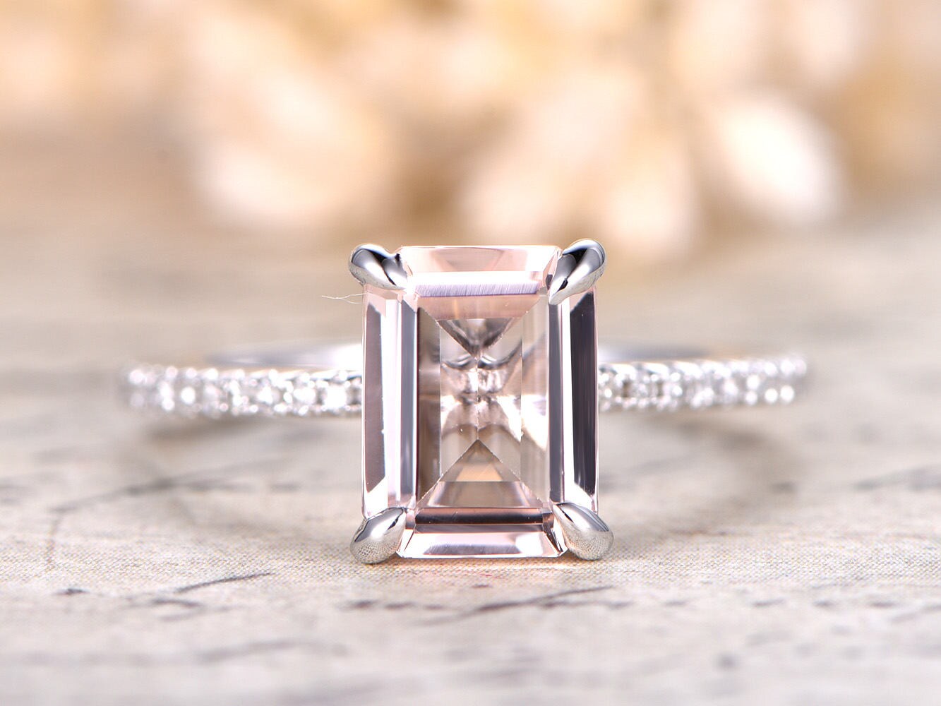 Bague en or blanc et morganite, bague de fiançailles en morganite, alliance en or blanc pour femme, bague de fiançailles taille émeraude 6 x 8 mm, or massif 14 carats