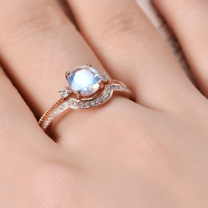 7mm Round Cut Moonstone Engagement Ring Set 2pcs 14K Rose Gold and Diamond Curved Matching Band