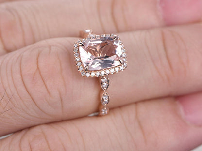 Bague de fiançailles en or rose 14 carats avec morganite naturelle VS, bague morganite ovale 7x9 mm, alliance en diamants, bague de mariée, halo de diamants, bague marquise